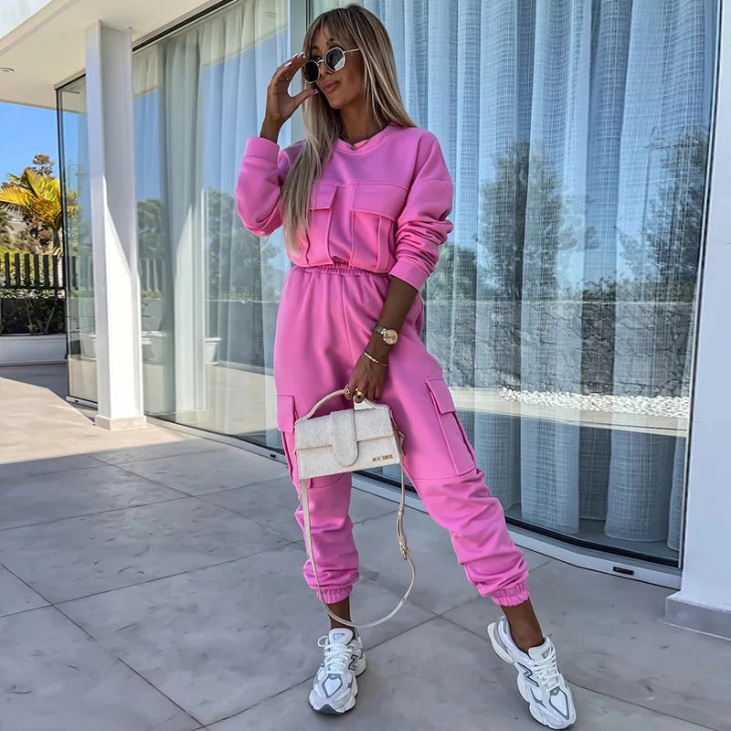 Women's two-piece relaxed fit crew neck long sleeve top and tapered joggers loungewear set