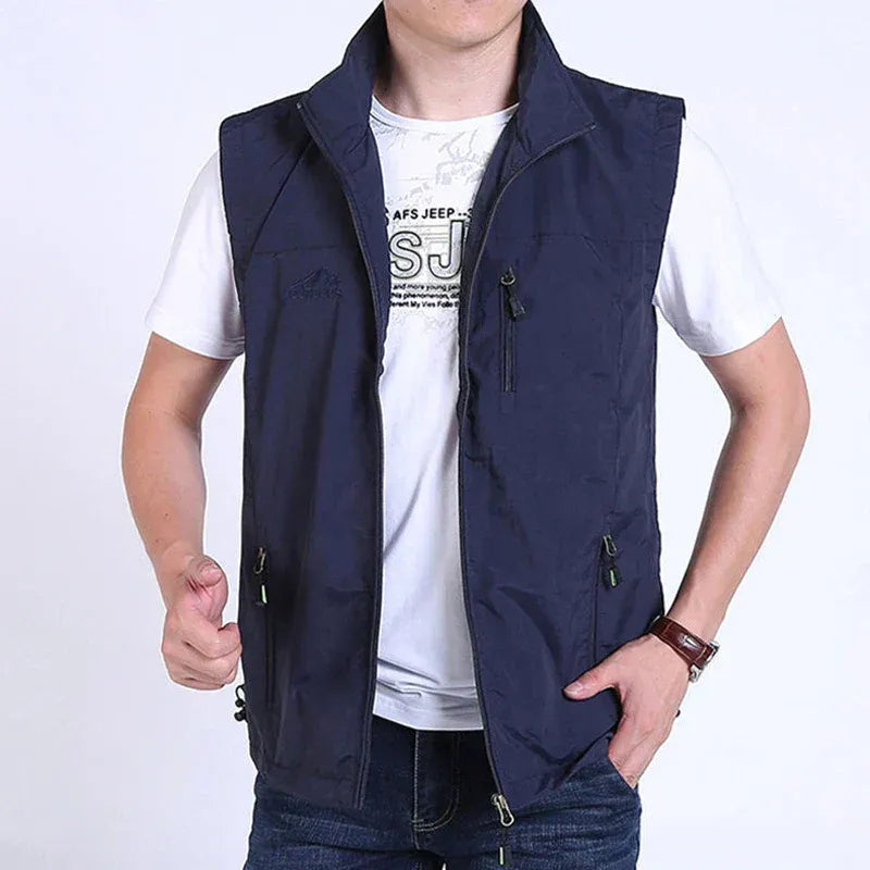 Men's lightweight straight fit bodywarmer vest with high collar and zippered pockets for versatile layering