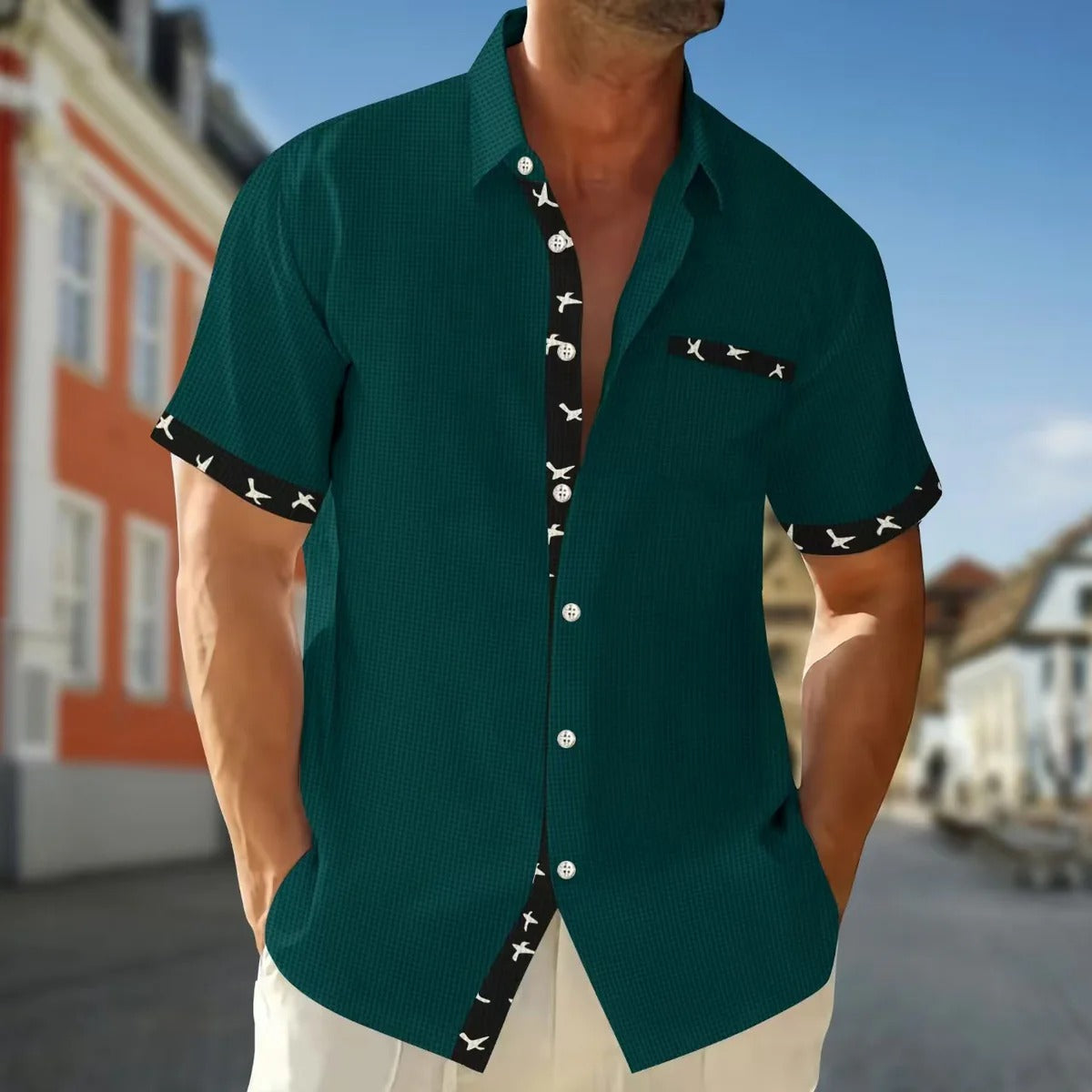 Men's regular fit short sleeve shirt cotton feel fabric with contrast details for casual everyday wear