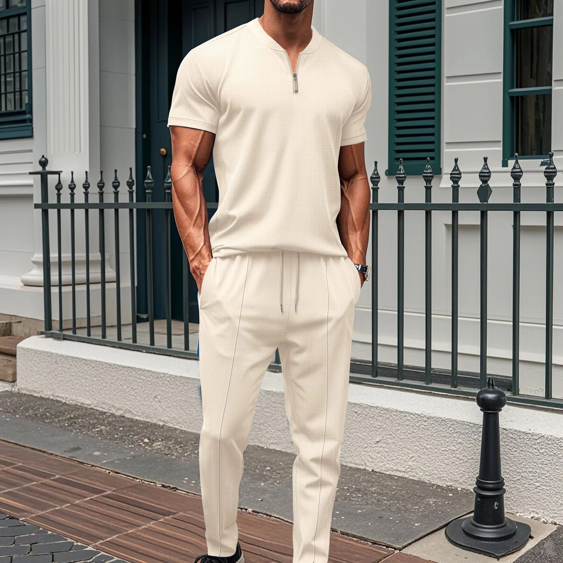 Men's slim fit gray training set zip top elastic waist pants gym workout two-piece