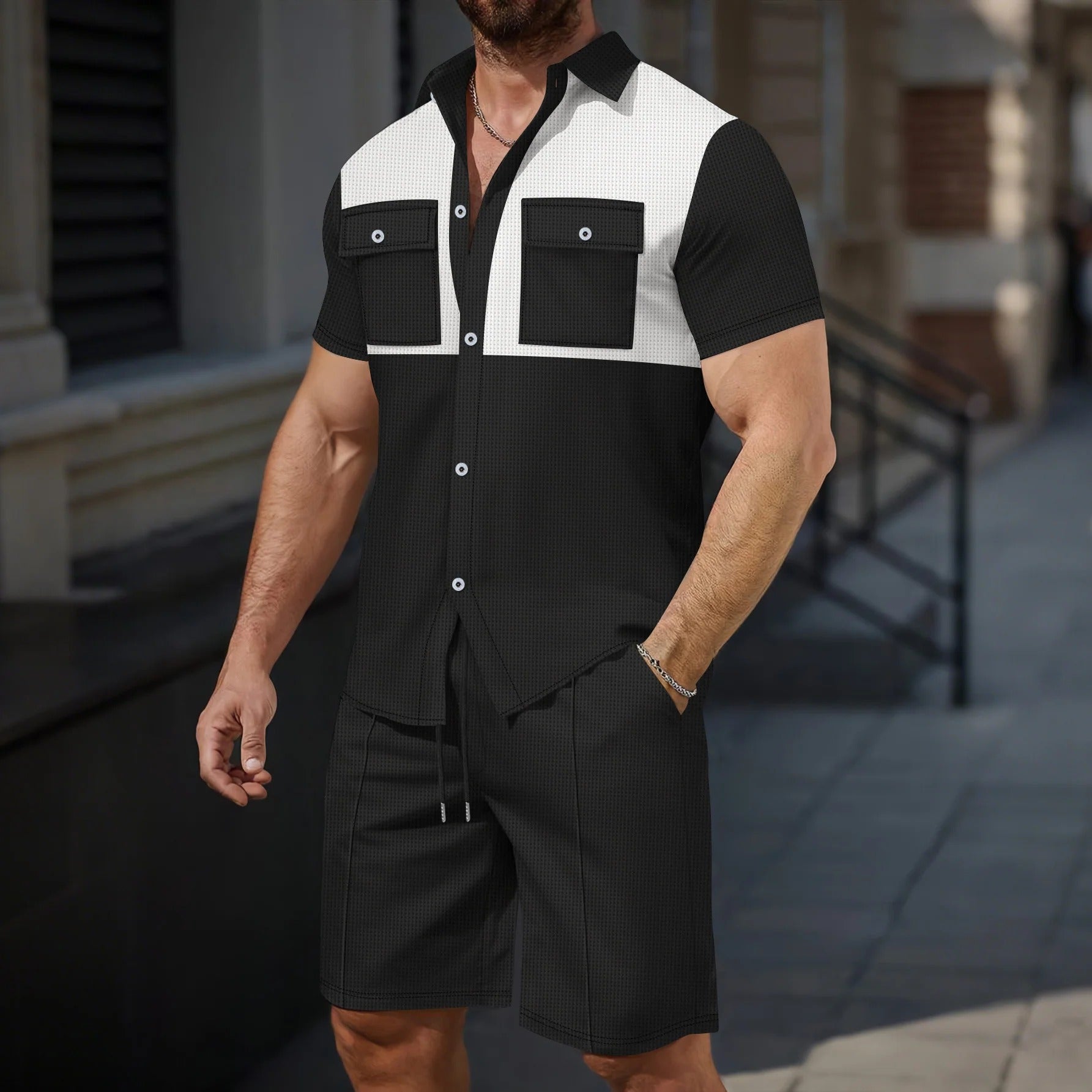Men's breathable short-sleeve shirt and shorts set regular fit with contrast details