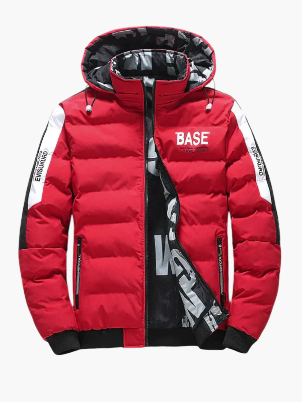 Men's black hooded puffer jacket hip-length regular fit with ribbed cuffs for winter warmth