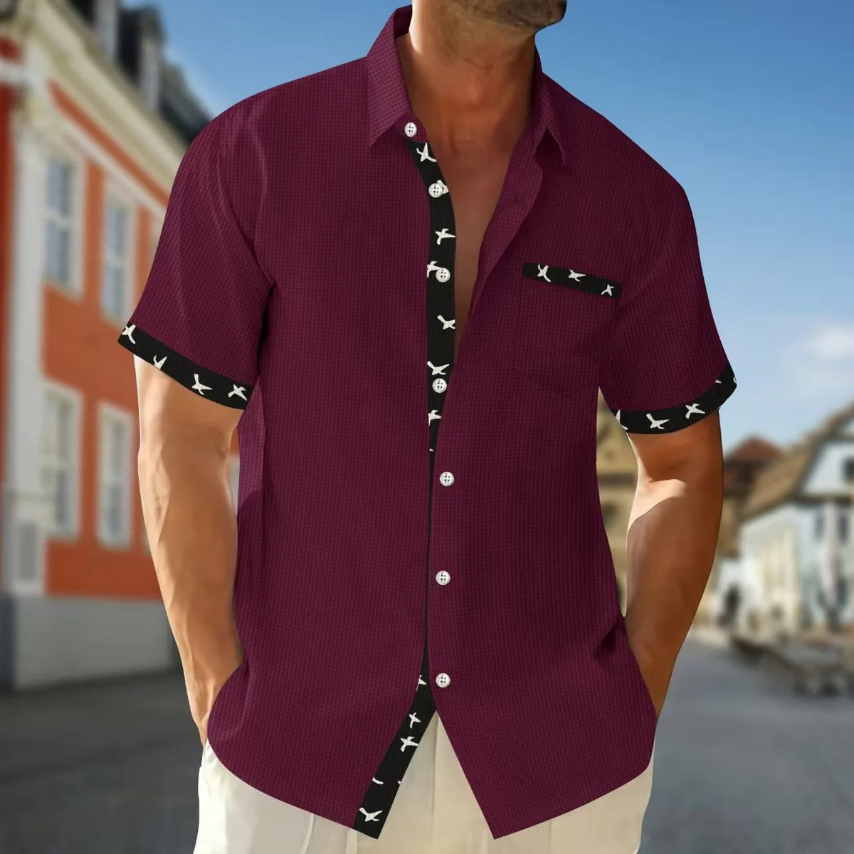 Men's regular fit short sleeve casual shirt cotton feel fabric with contrast details for everyday wear