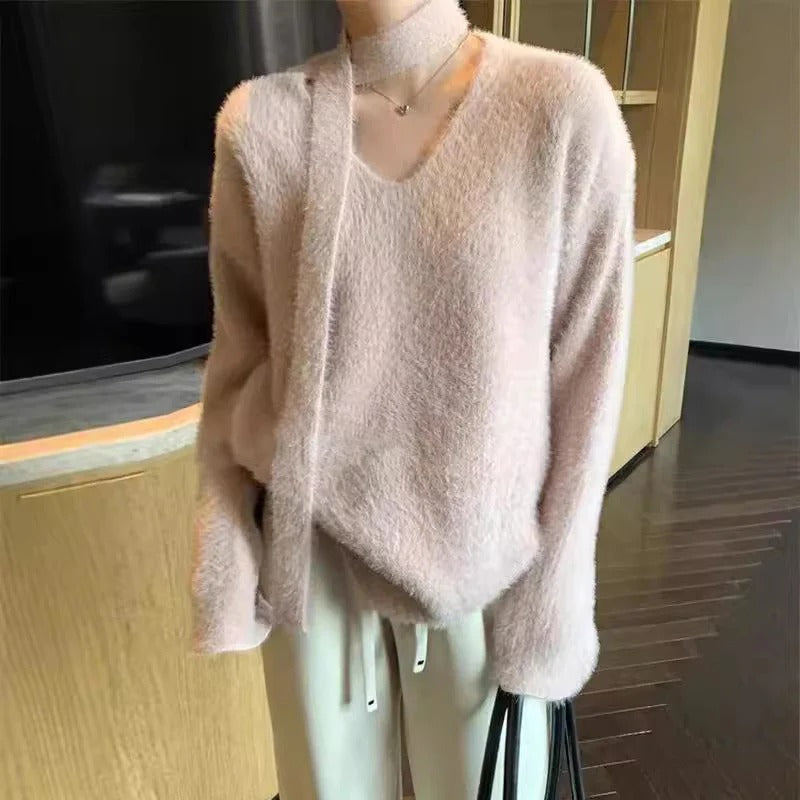 Oversized wool knit pullover deep V-neck scarf detail cozy chic women's sweater