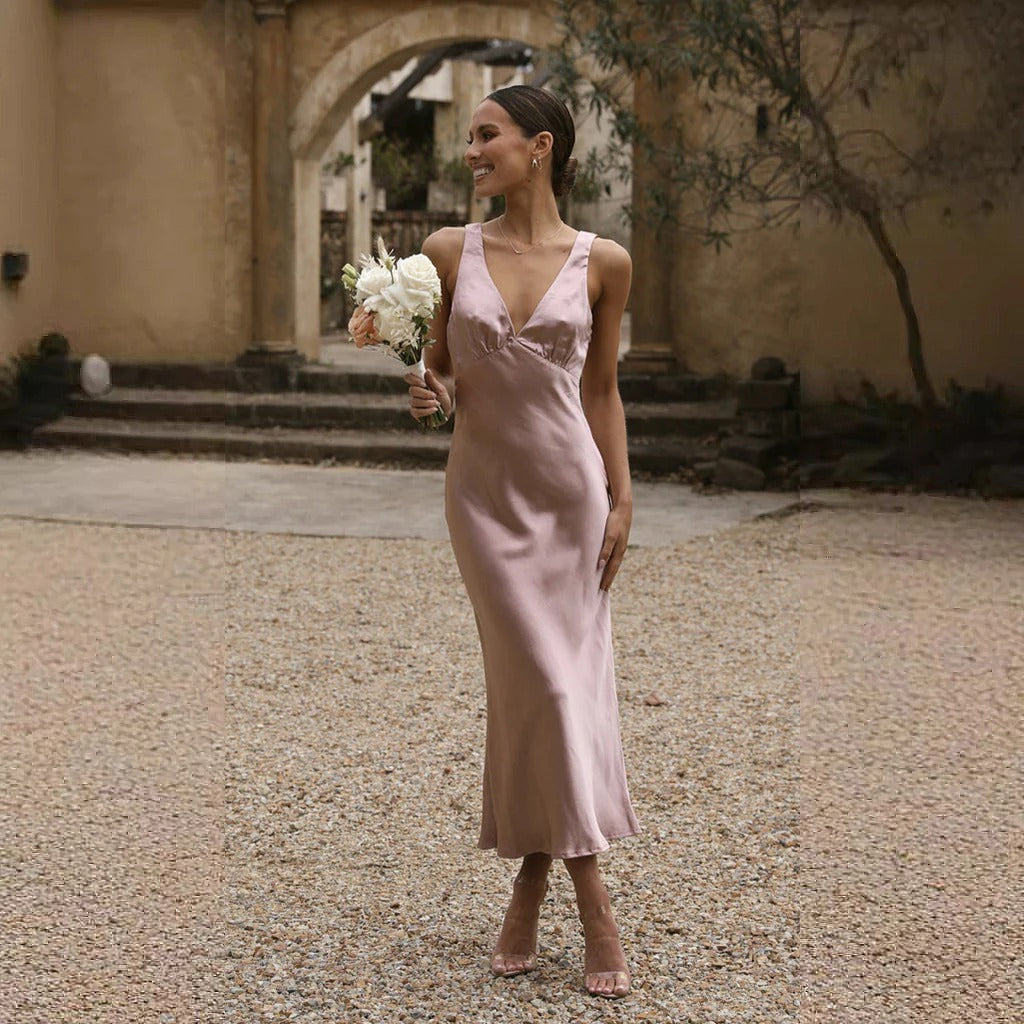 Women's satin maxi dress slim fit deep V-neck elegant straps luxurious sheen formal gown