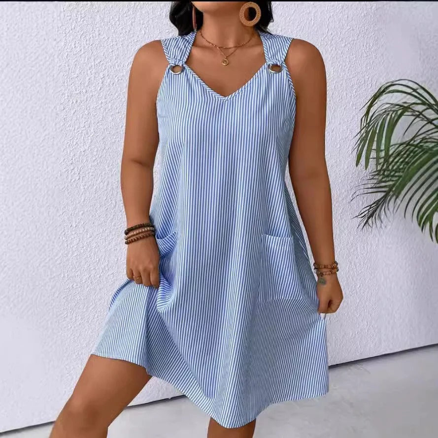 Women's navy striped A-line knee-length dress with V-neck and hidden side pockets