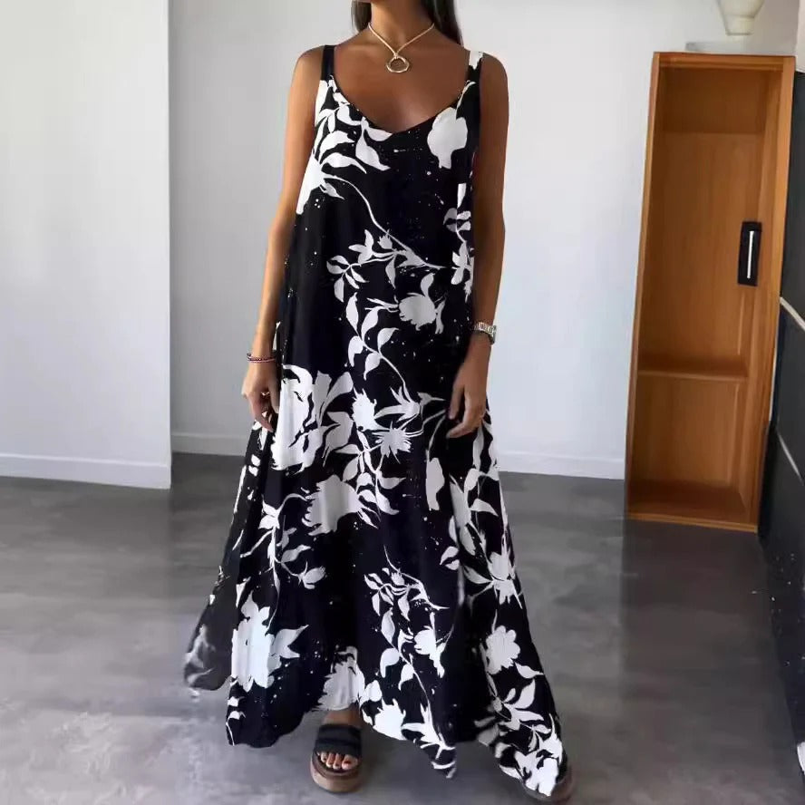 Floral print maxi dress deep V-neck relaxed fit lightweight rayon casual everyday women