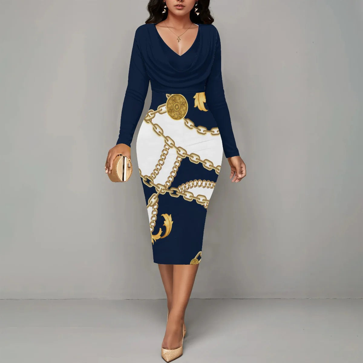 Women's midi dress fitted silhouette wrap V-neckline bold chain print versatile day-to-night style