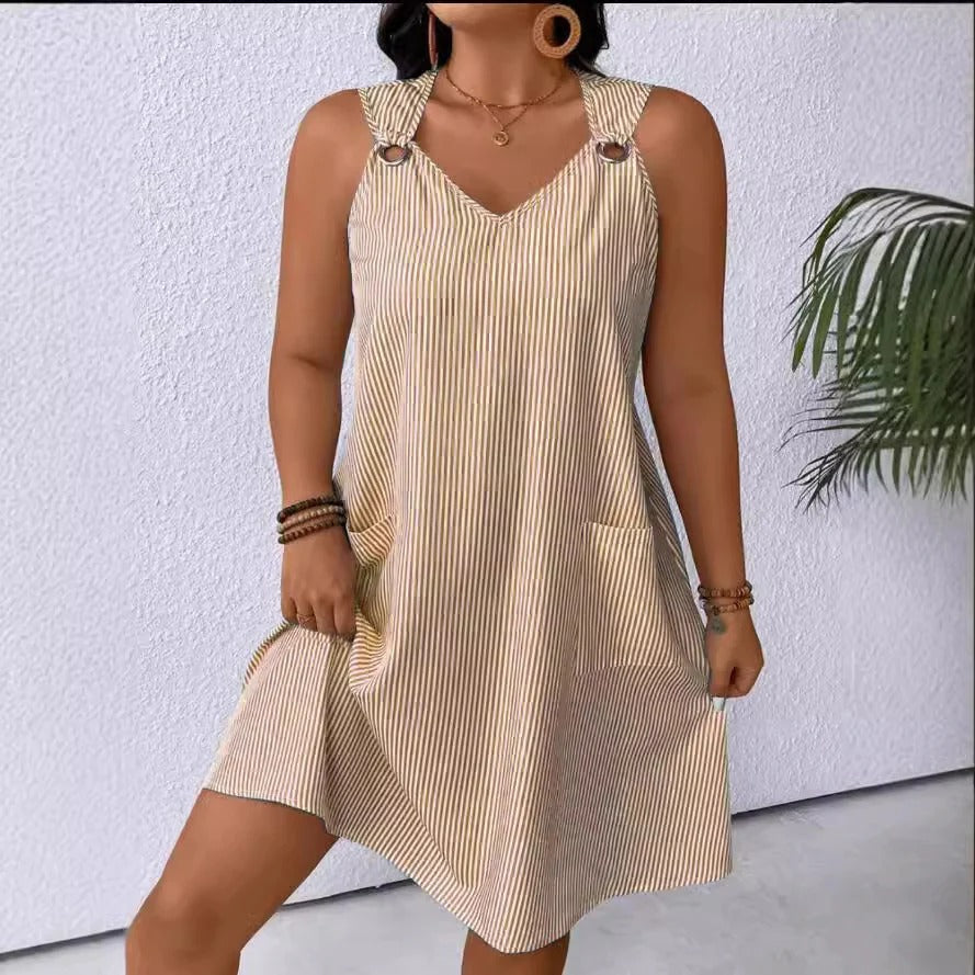Women's navy striped A-line knee-length dress with V-neck and hidden side pockets