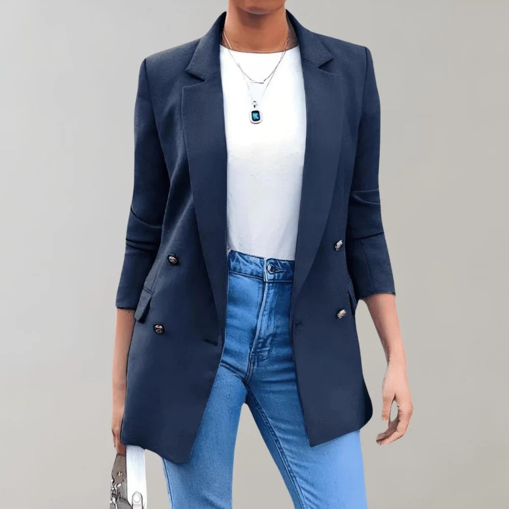 Women's tailored double-breasted blazer classic lapel mid-length silhouette polished professional style