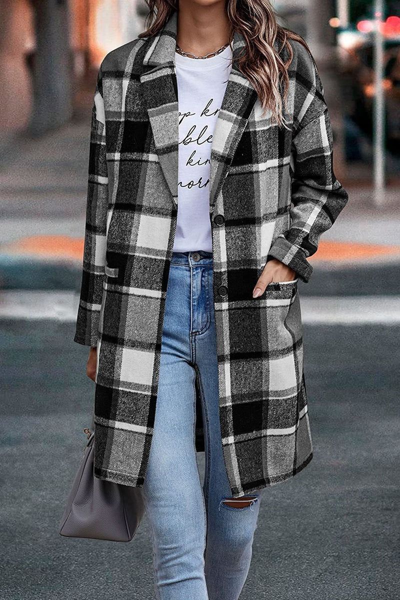 Women's oversized plaid wool coat with button closure, timeless all-season warmth and modern silhouette