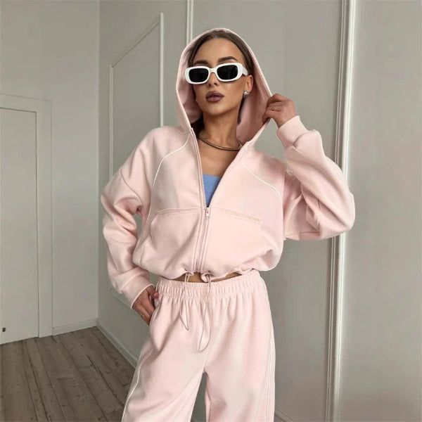 Women's oversized zip hoodie lounge set elastic waist pants contrast seam two-piece casual wear
