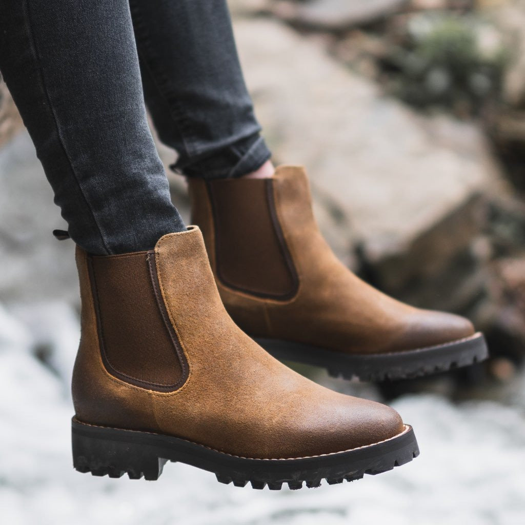 Women's nubuck leather Chelsea ankle boots with elastic goring and chunky lug sole, everyday style