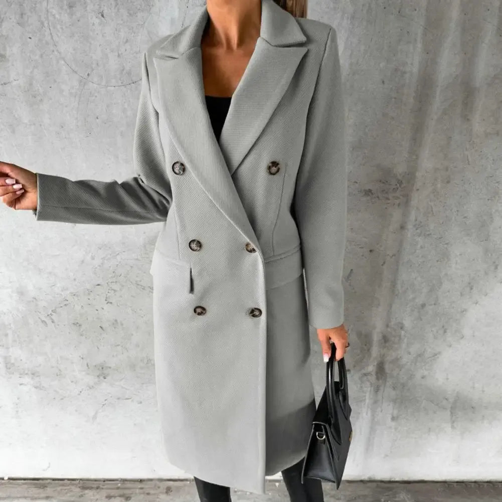 Women's camel wool-texture double-breasted trench coat tailored fit knee-length elegant silhouette