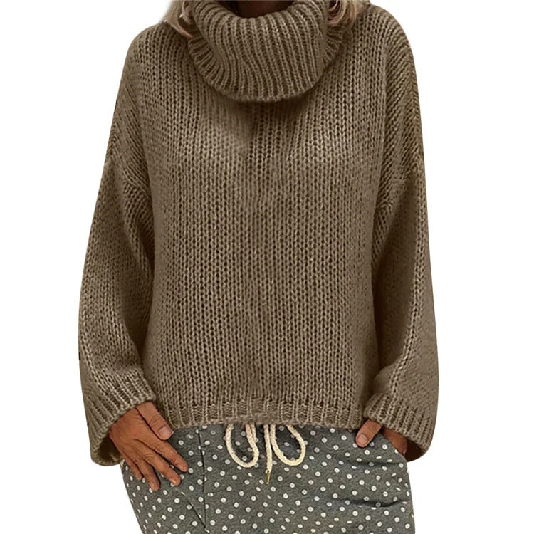 Women's oversized chunky knit sweater high collar ribbed edges cozy casual warm pullover