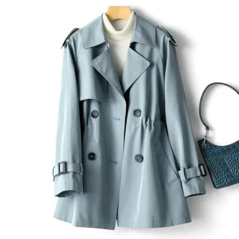 Women's tailored-fit double-breasted trench coat with belted sleeves and structured epaulettes