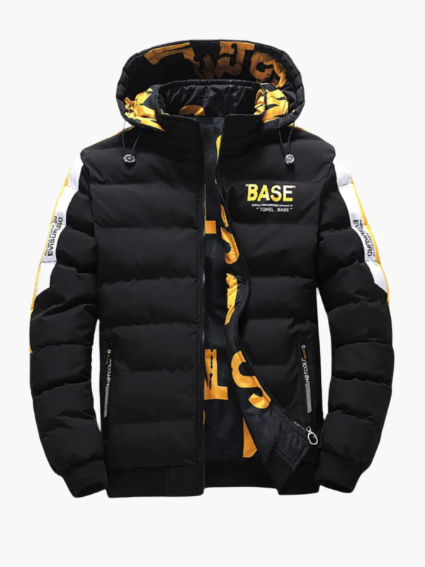 Men's black hooded puffer jacket hip-length regular fit with ribbed cuffs for winter warmth