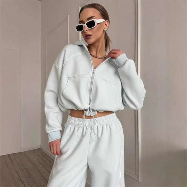 Women's gray oversized zip hoodie and elastic waist pants lounge set with contrast seam detail