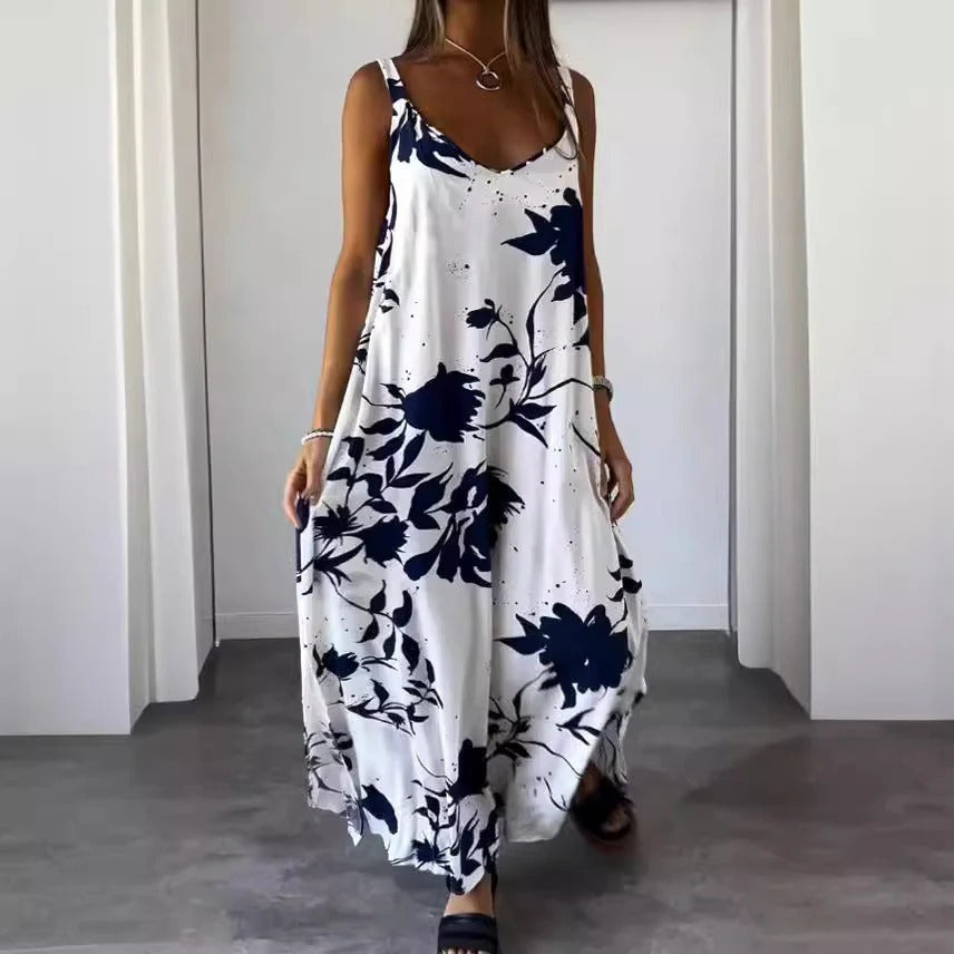 Floral print maxi dress deep V-neck relaxed fit lightweight rayon casual women summer