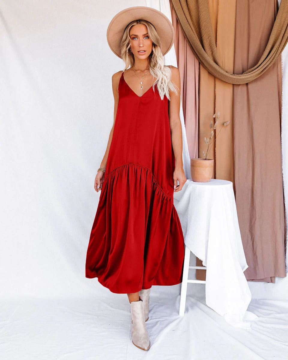 Women's maxi dress V-neck flowing silhouette with ruffle details, Nordisk-Flair everyday elegance