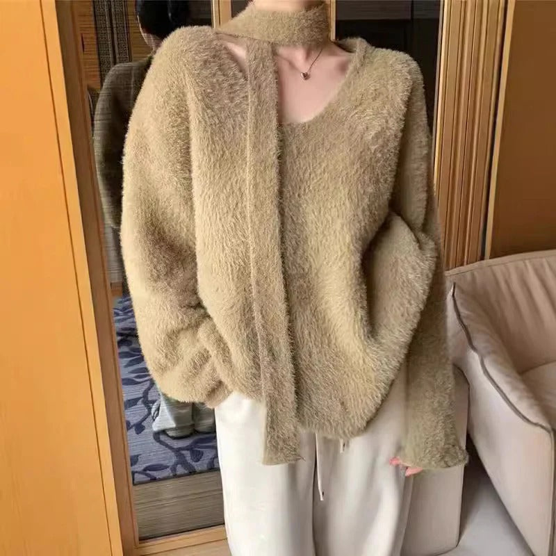 Oversized wool knit pullover deep V-neck with integrated scarf detail cozy chic women's sweater