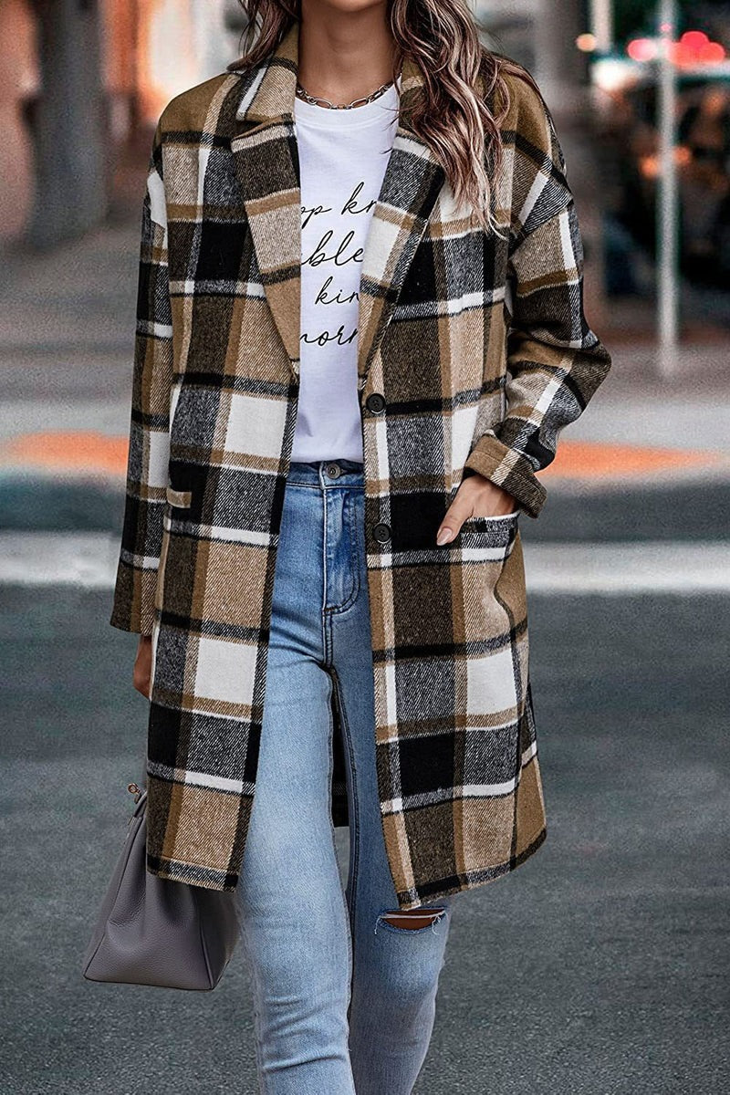Women's oversized plaid wool coat with button closure, modern all-season silhouette