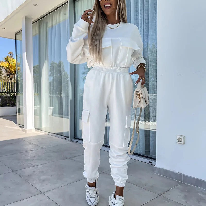 Women's two-piece relaxed fit crew neck long sleeve top and tapered joggers lounge set