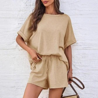 Women's two-piece lounge set relaxed dolman sleeve top cozy drawstring shorts comfortable casual style