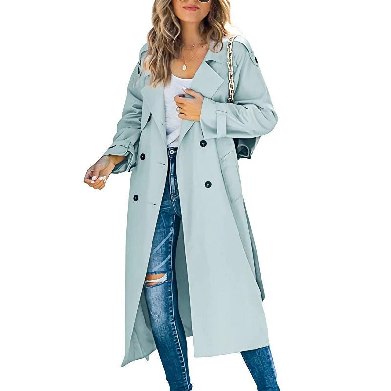 Women's beige double-breasted belted trench coat, long straight silhouette with relaxed fit