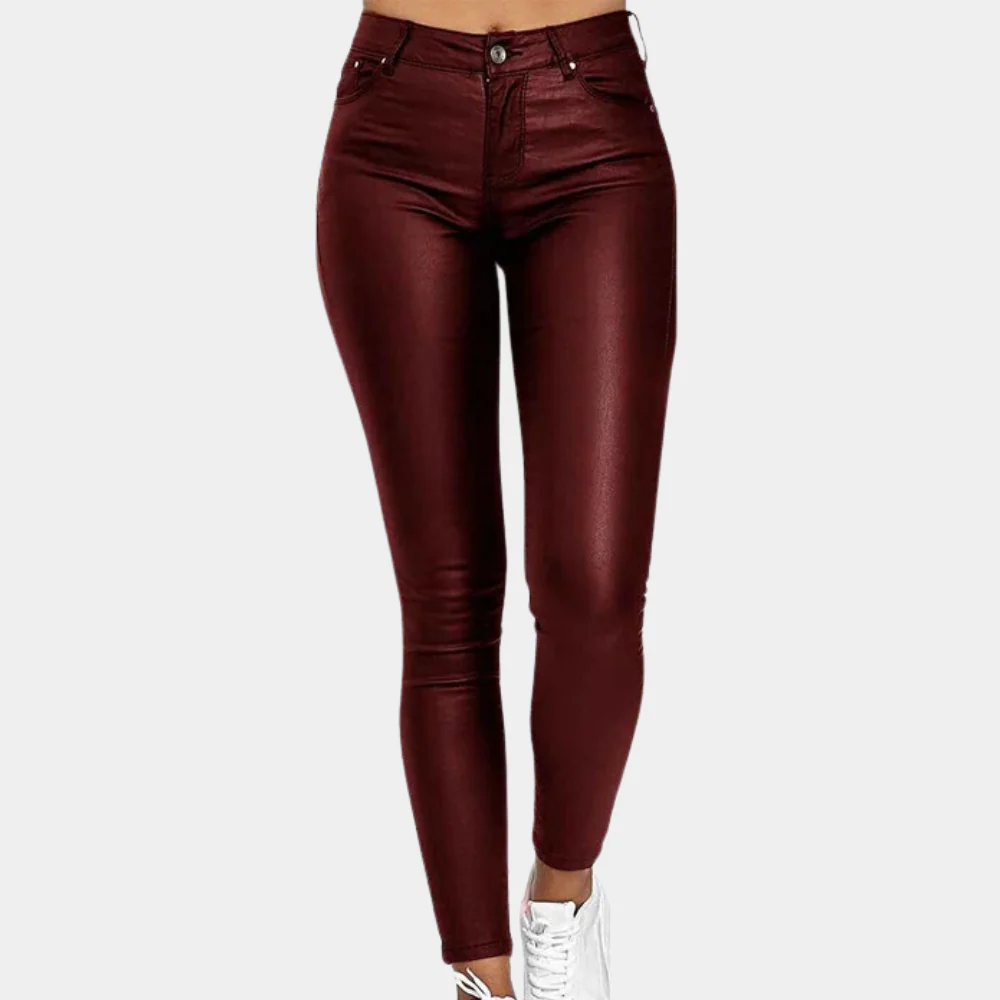 Women's black PU leather slim fit full-length pants with five-pocket design and sleek silhouette