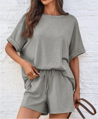 Women's two-piece lounge set relaxed dolman sleeve top with cozy drawstring shorts comfortable casual fit