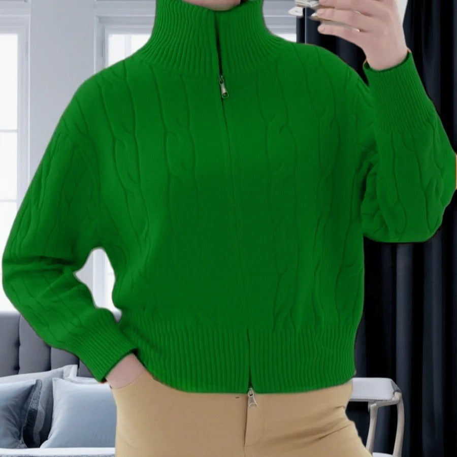 Women's cable knit pullover sweater relaxed fit high collar zipper cozy neutral tones