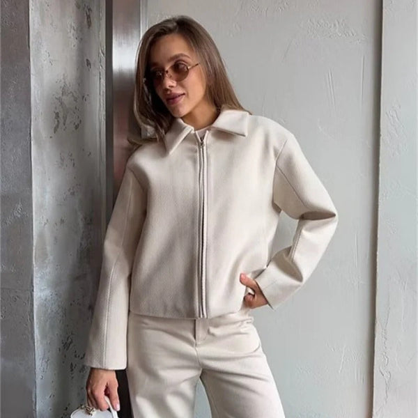 Women's zip-up jacket structured fit classic collar long sleeve casual layer versatile tailored silhouette