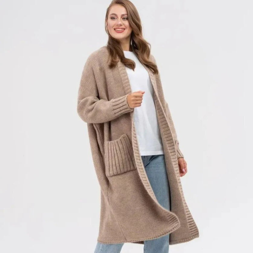 Women's oversized long cardigan soft wool texture cozy fit with large functional pockets
