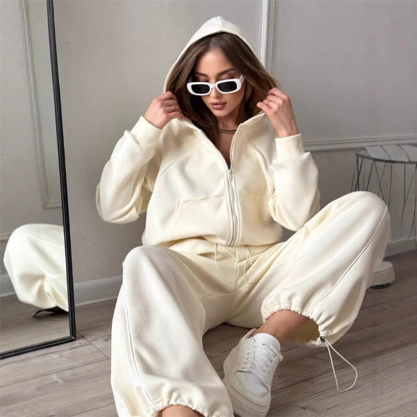 Women's oversized zip hoodie lounge set elastic waist pants contrast seam detail casual two-piece