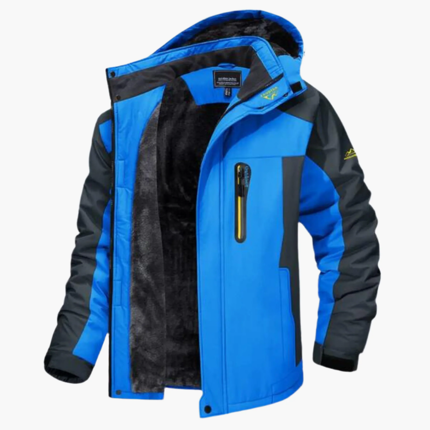 Men's waterproof hooded outdoor jacket with fleece lining, rugged all-weather adventure style