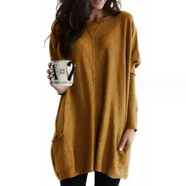 Women's oversized knit tunic pullover with dropped shoulders, side pockets, cozy everyday style
