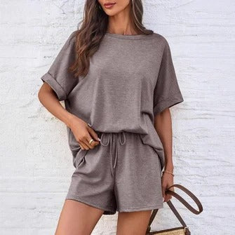 Women's relaxed fit dolman sleeve top and drawstring shorts two-piece lounge set cozy casual outfit
