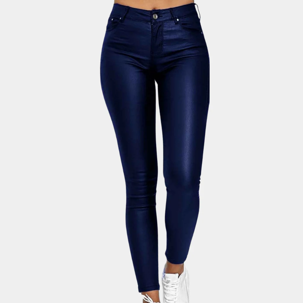 Women's black PU leather slim fit full-length pants with five-pocket design sleek all-season style