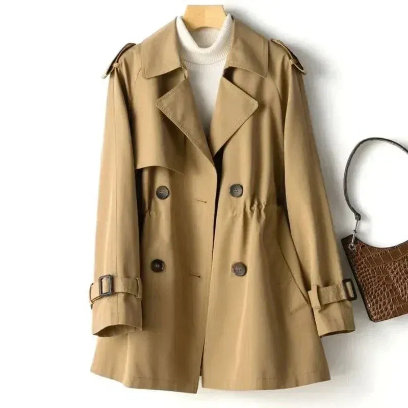 Women's tailored fit double-breasted trench coat with belted sleeves and epaulettes detailing