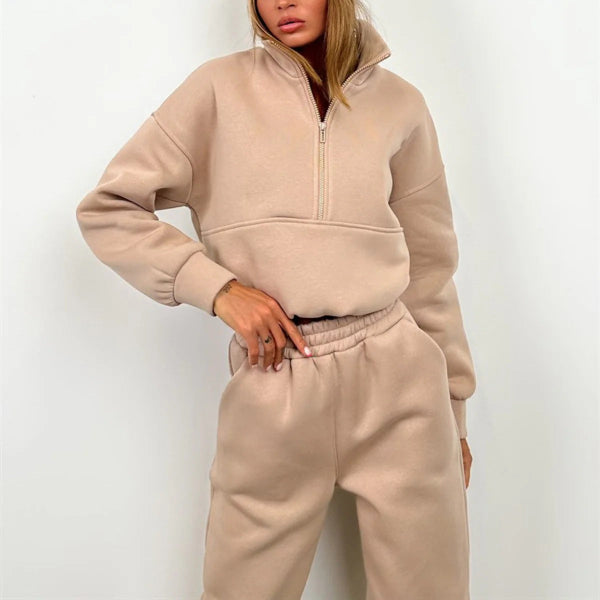 Women's two-piece sweat set relaxed fit high collar half-zip top elastic waist lounge outfit