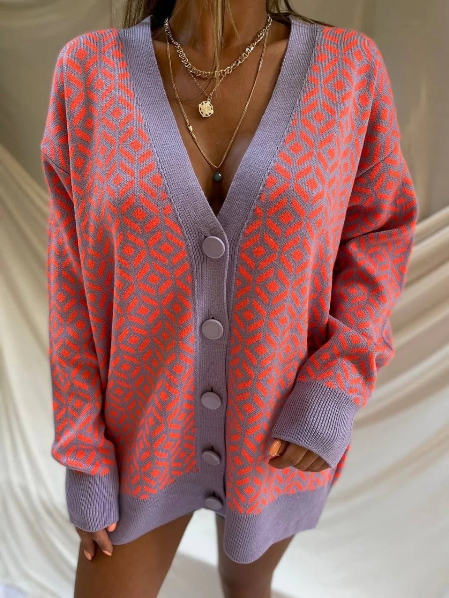 Women's oversized longline wool blend cardigan with V-neck and geometric knit pattern