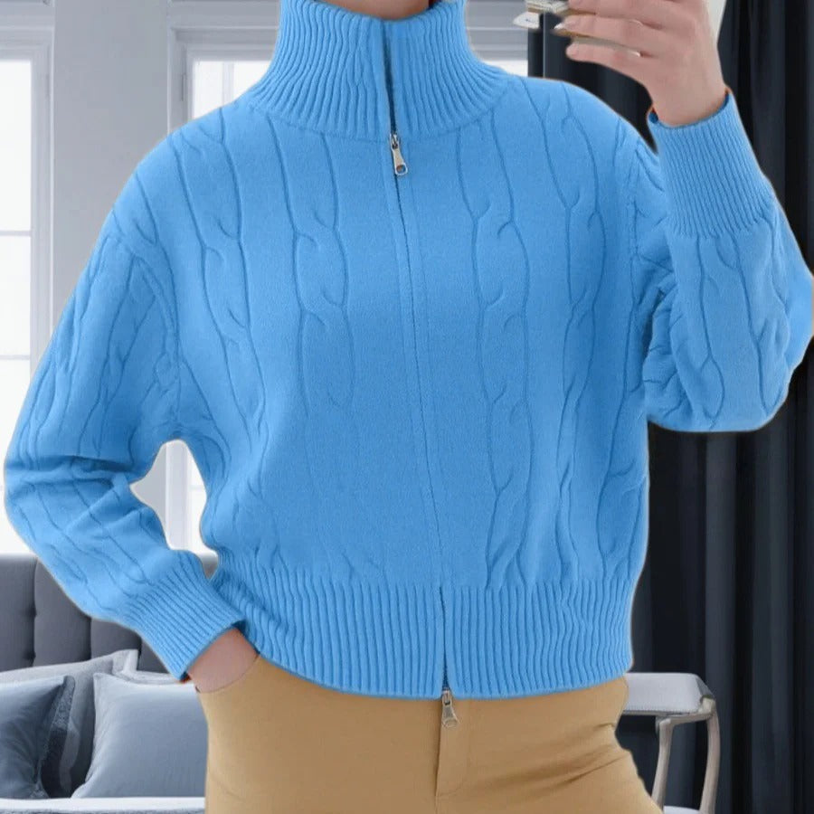 Women's cable knit pullover sweater relaxed fit high collar zipper cozy neutral tones