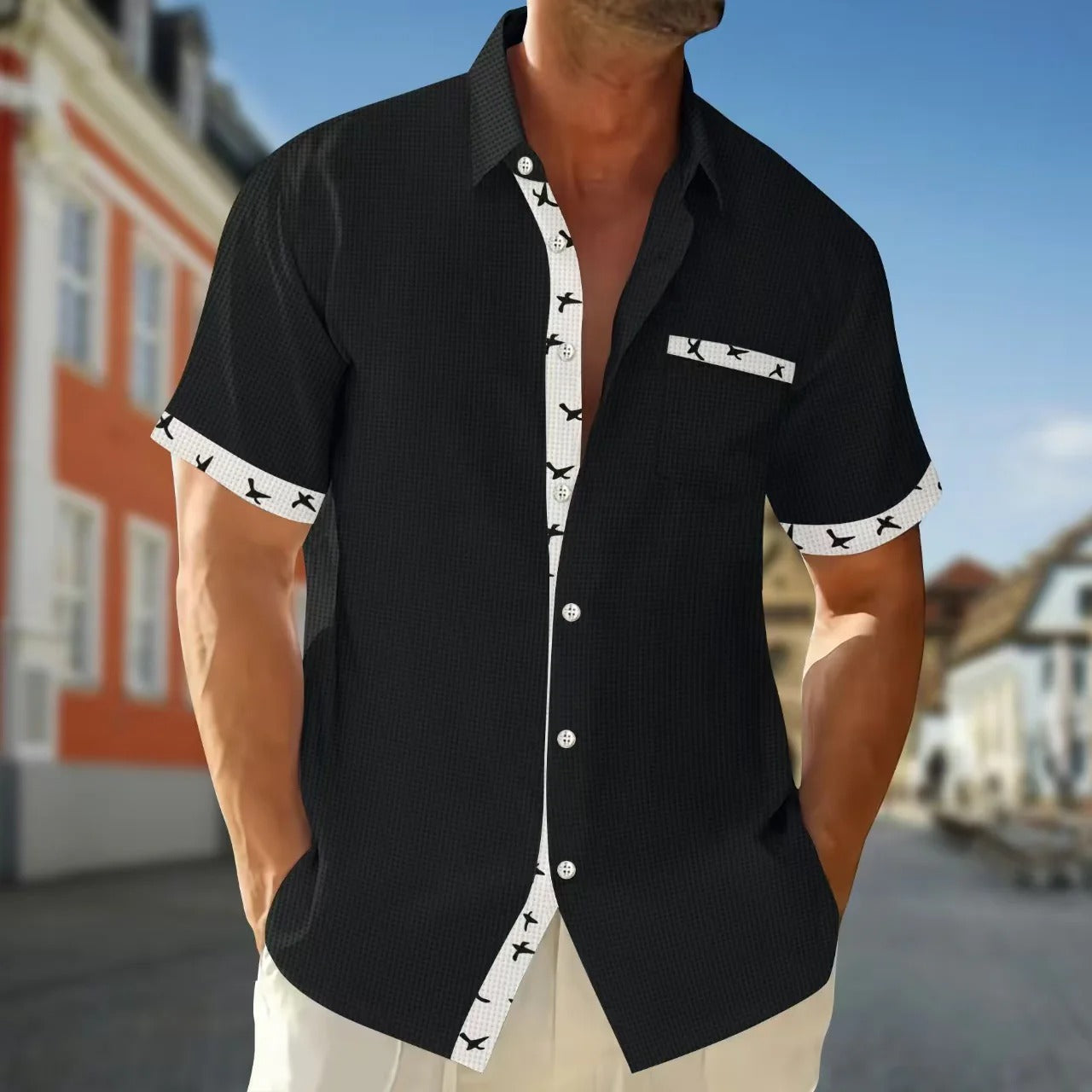 Men's regular fit short sleeve casual shirt cotton feel fabric with contrast details everyday style