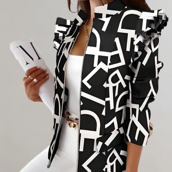Women's tailored plaid jacket ruffle shoulders stand collar hip length structured fit