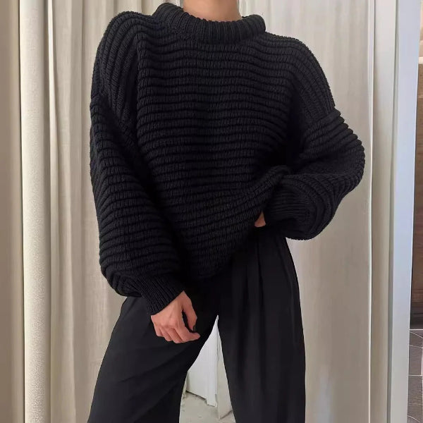 Women's wool blend oversized knit sweater high collar ribbed texture cozy autumn winter style