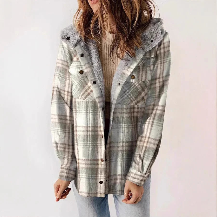 Women's checkered fleece-lined hooded shirt relaxed fit with full button closure for cozy winter style