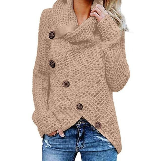 Women's relaxed fit waffle knit cowl neck sweater with asymmetric button front, cozy chic style