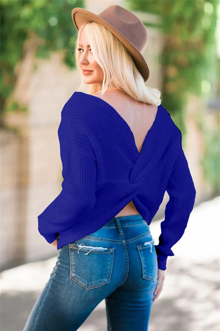Women's relaxed-fit knit sweater soft wool feel open back twist design long sleeves cozy modern style