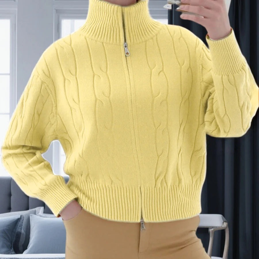 Women's cable knit pullover sweater relaxed fit high collar zipper cozy autumn neutral tones